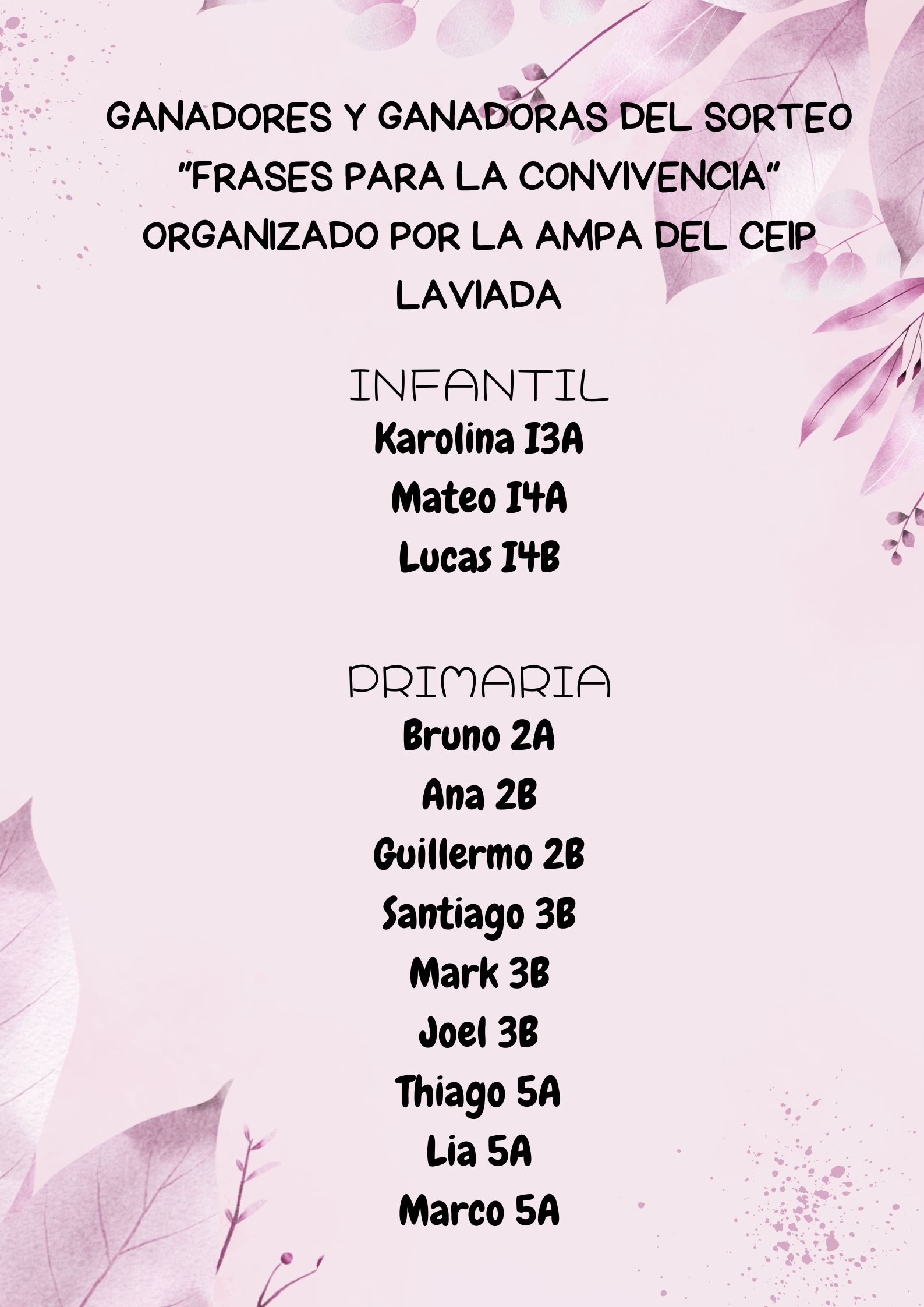 lListado del alumnado ganador del concurso "Frases para la convivencia.25N"