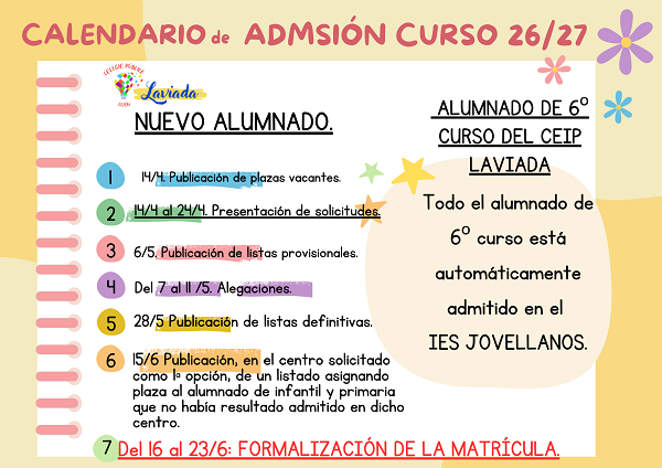 CALENDARIO DE ADMISIÓN CURSO 2026-27