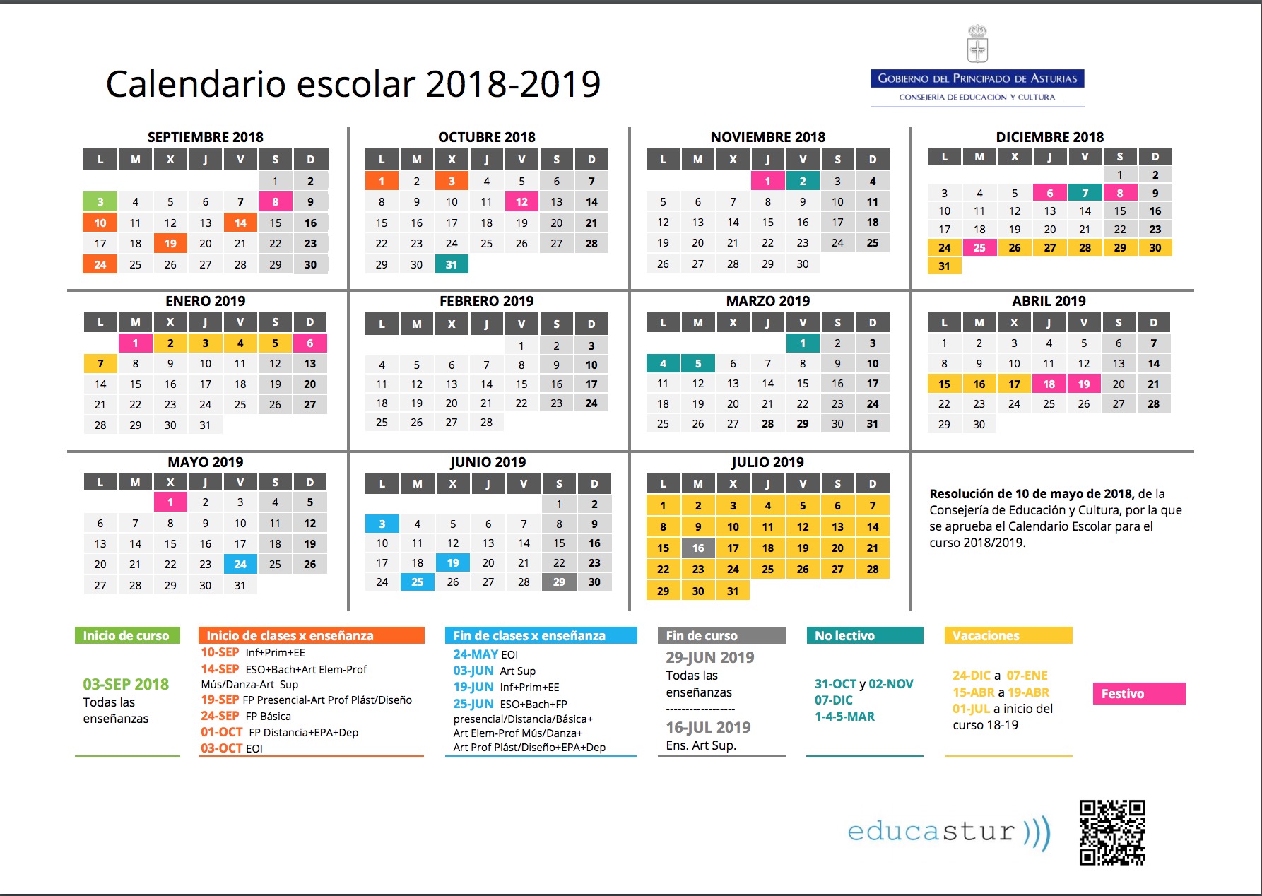 Resultado de imagen de calendario escolar 2018 19 educastur