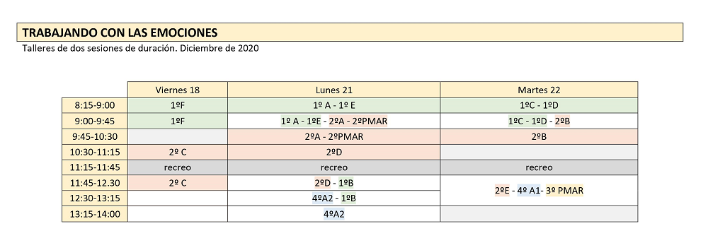 Horarios talleres Trabajando las emociones
