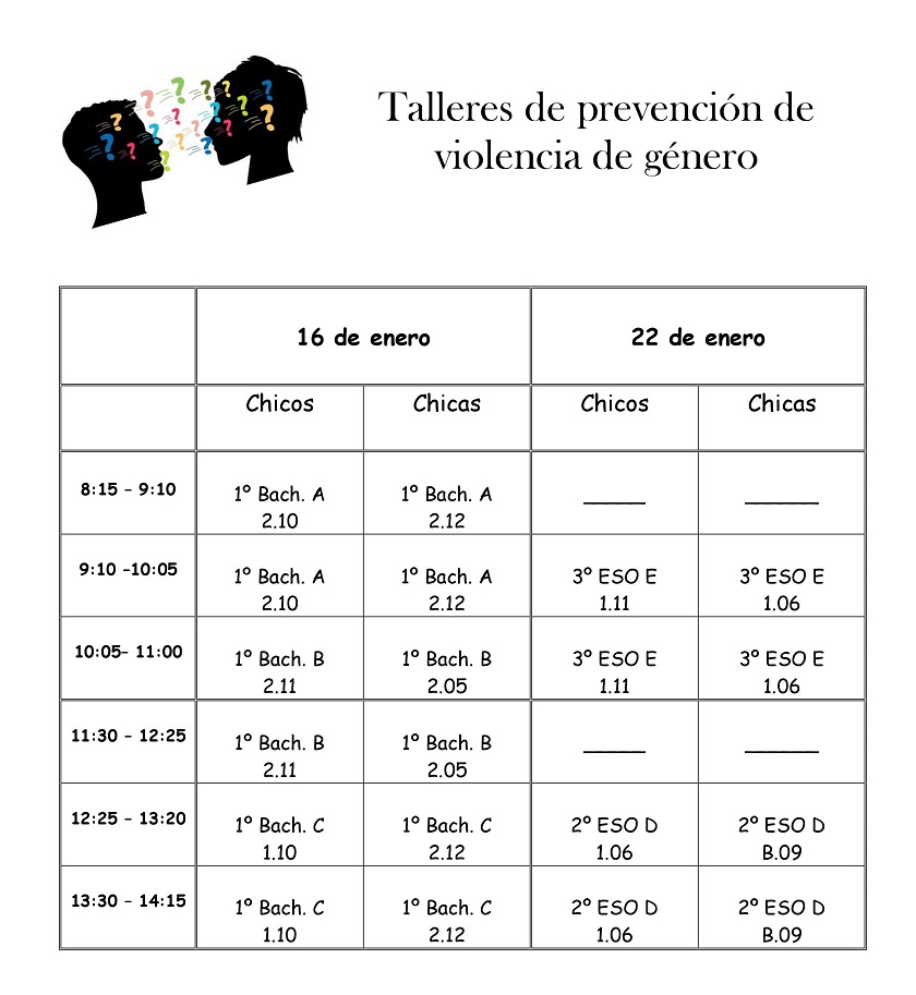 Horario talleres prevención violencia género Horario talleres prevención violencia género