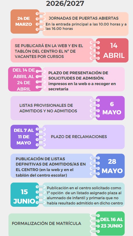 CALENDARIO DE ADMISIÓN Y FORMALIZACIÓN DE MATRÍCULA 2026-2027