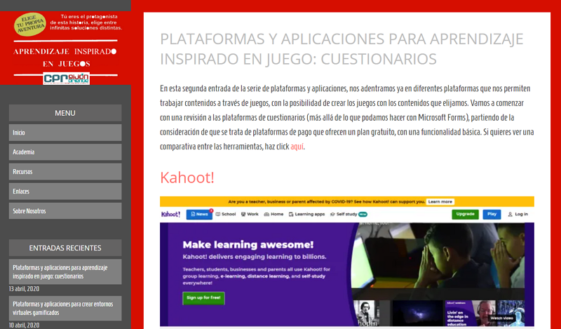 CPR Gijón-Oriente. Plataformas y aplicaciones para el aprendizaje basado en juego: cuestionarios