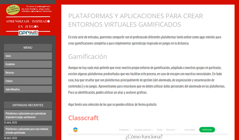 CPR Gijón-Oriente. Plataformas y aplicaciones para crear entornos virtuales gamificados CPR Gijón-Oriente. Plataformas y aplicaciones para crear entornos virtuales gamificados
